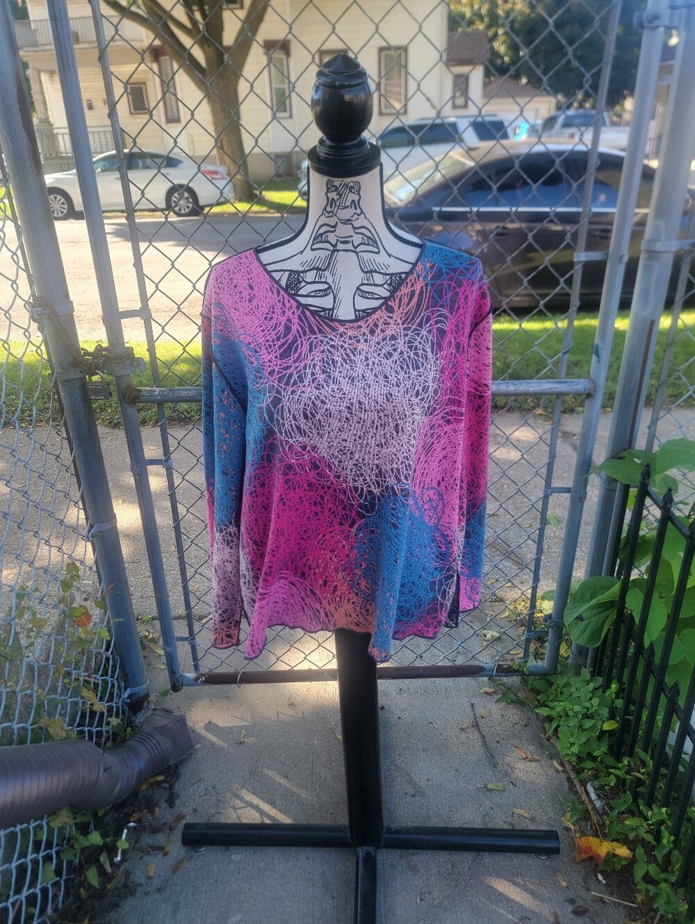 Trisha Tyler XXL Abstract Scribble Print Long Sleeve Top Pink Blue